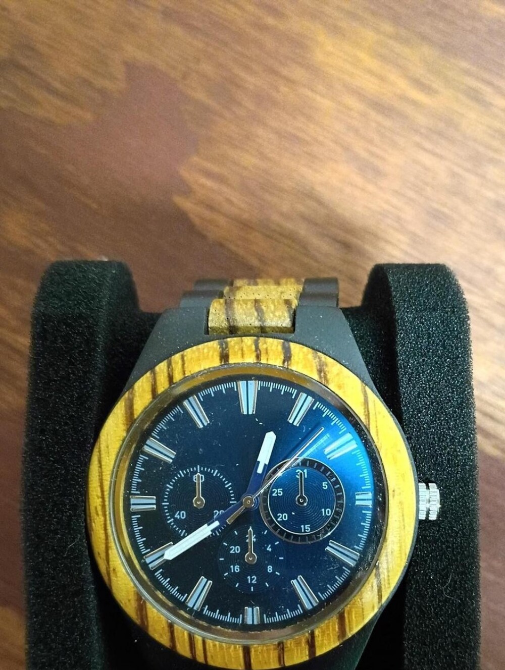 Men's Wooden Bezel Chronograph Watch - Blue Dial
